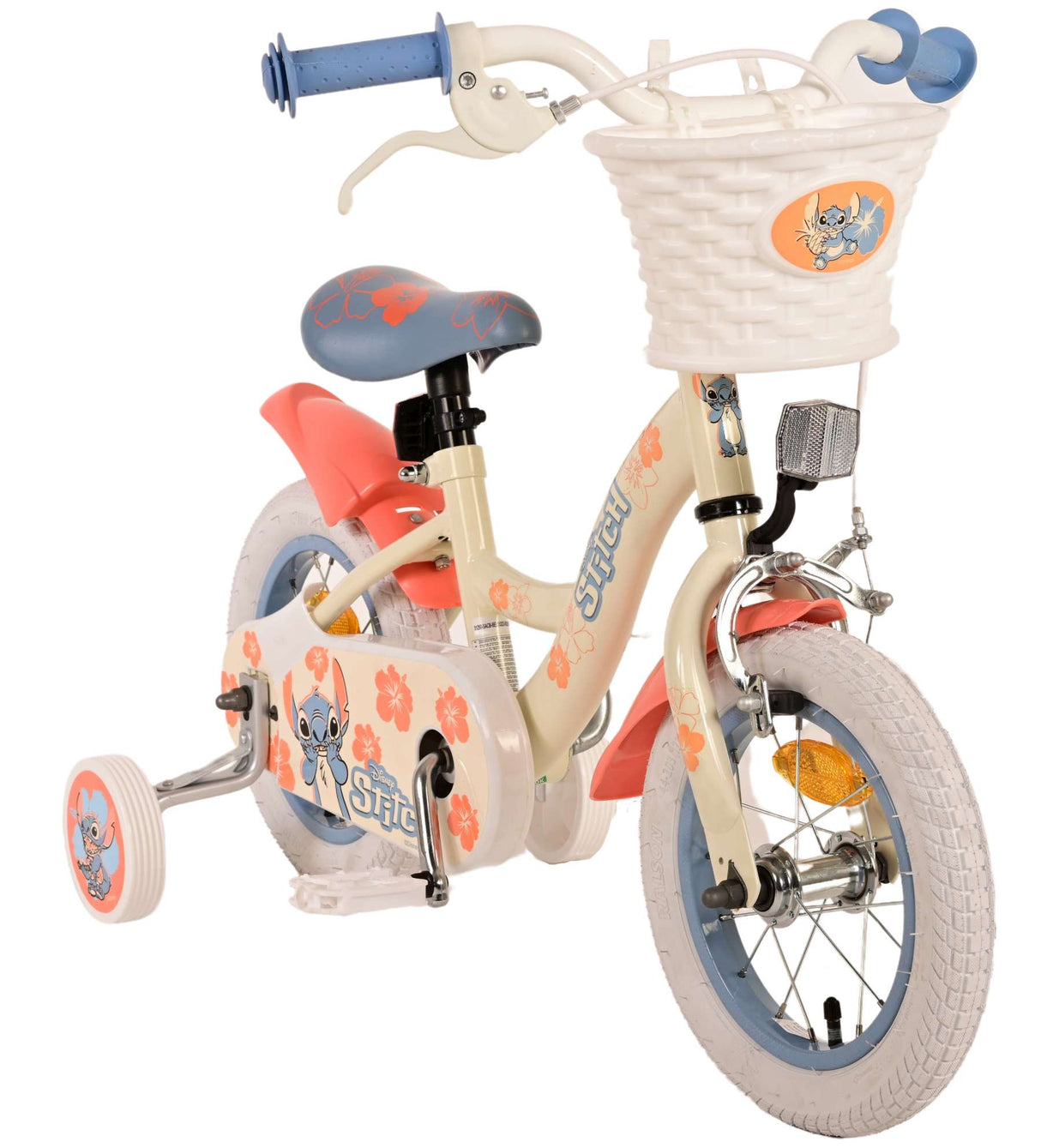 Volare Disney Stitch 12-Zoll-Kinderfahrrad Creme Koralle Blau mit Handbremse, Rücktrittbremse und abnehmbaren Stützrädern