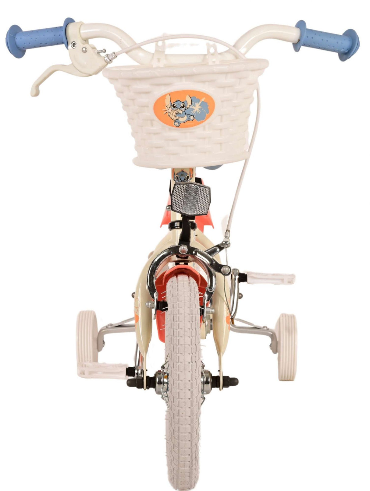 Volare Disney Stitch 12-Zoll-Kinderfahrrad Creme Koralle Blau mit Handbremse, Rücktrittbremse und abnehmbaren Stützrädern