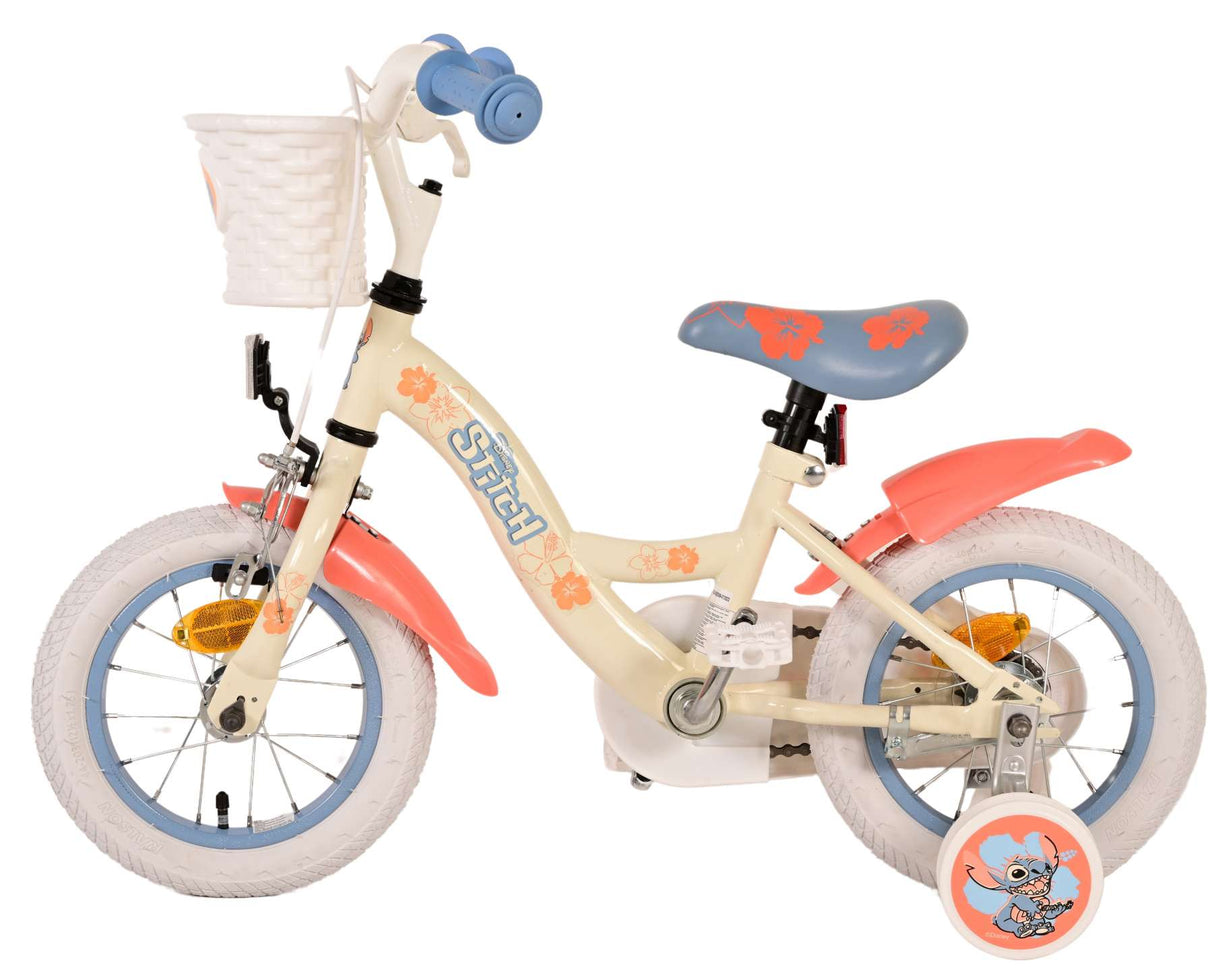 Volare Disney Stitch 12-Zoll-Kinderfahrrad Creme Koralle Blau mit Handbremse, Rücktrittbremse und abnehmbaren Stützrädern