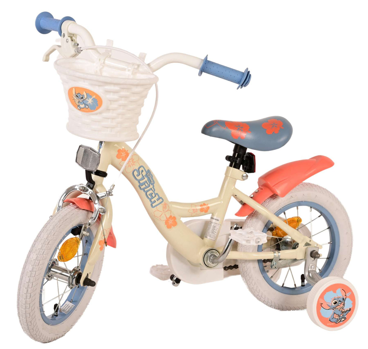 Volare Disney Stitch 12-Zoll-Kinderfahrrad Creme Koralle Blau mit Handbremse, Rücktrittbremse und abnehmbaren Stützrädern