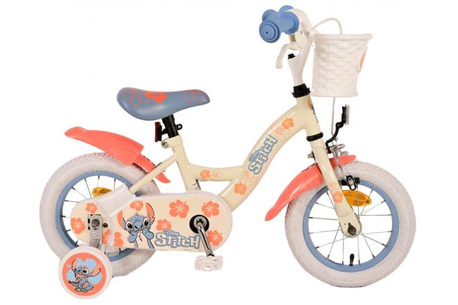 Volare Disney Stitch 12-Zoll-Kinderfahrrad Creme Koralle Blau mit Handbremse, Rücktrittbremse und abnehmbaren Stützrädern
