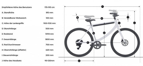 GrÃ¶ÃŸentabelle des Urtopia Chord Black Smartes E-Bikes