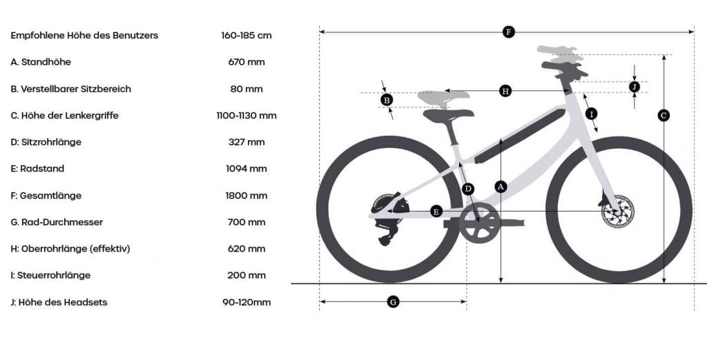 GrÃ¶ÃŸentabelle des Urtopia Chord X White Smartes E-Bikes