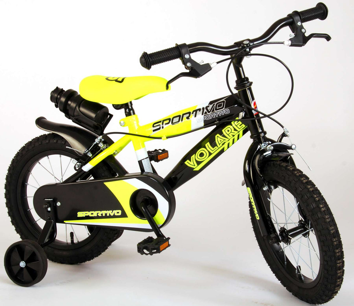 Volare Sportivo Kinderfahrrad - Jungen - 14 Zoll - Neon Gelb/Schwarz - Abnehmbare Stützräder und Flaschenhalter