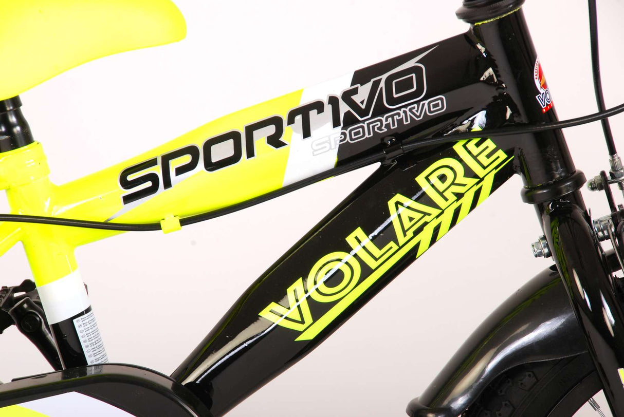 Volare Sportivo Kinderfahrrad - Jungen - 14 Zoll - Neon Gelb/Schwarz - Abnehmbare Stützräder und Flaschenhalter