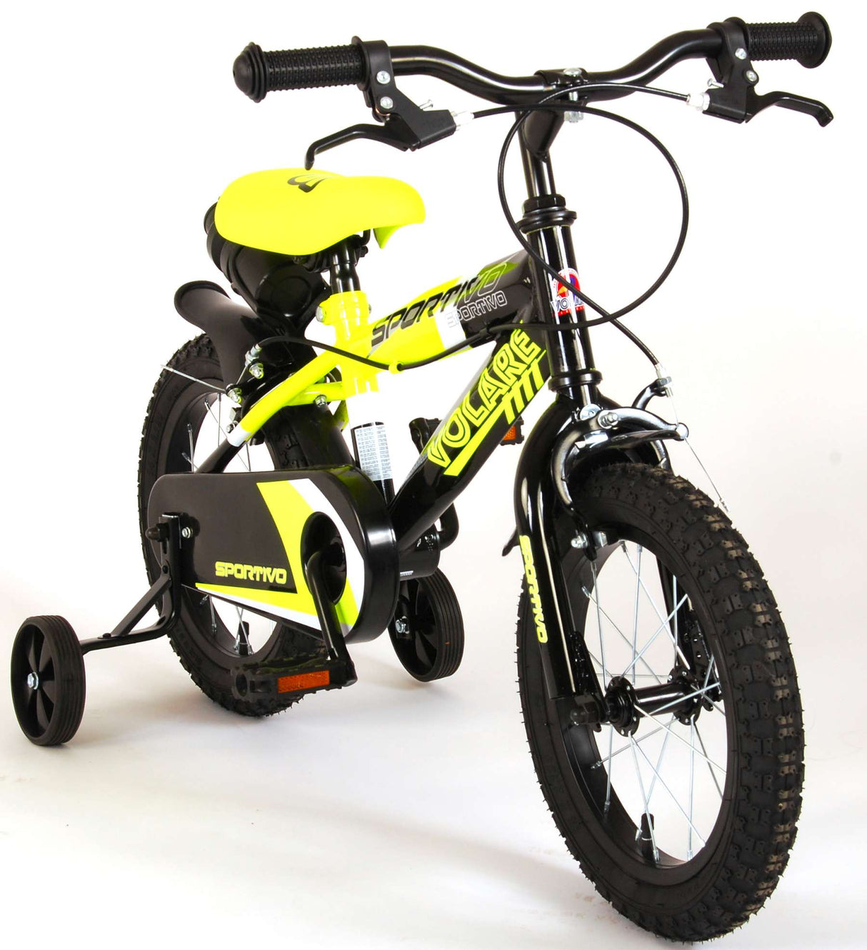 Volare Sportivo Kinderfahrrad - Jungen - 14 Zoll - Neon Gelb/Schwarz - Abnehmbare Stützräder und Flaschenhalter