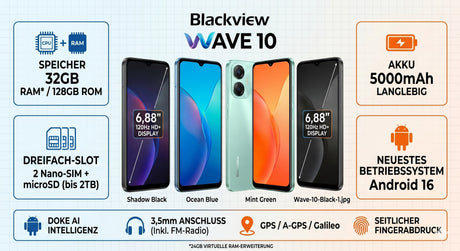 USPs des Blackview Wave 10 Smartphones mit allen Farben
