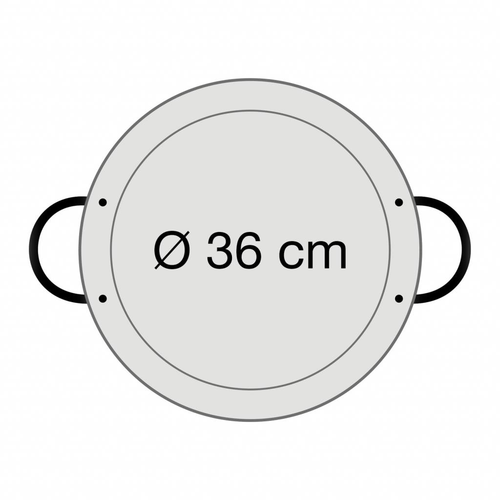 Abmessung der Paella Pfanne: Durchmesser am oberen Rand: 36,0 cm, Durchmesser am Pfannenboden: 31,0 cm, Höhe der Paella Pfanne: 4,7 cm