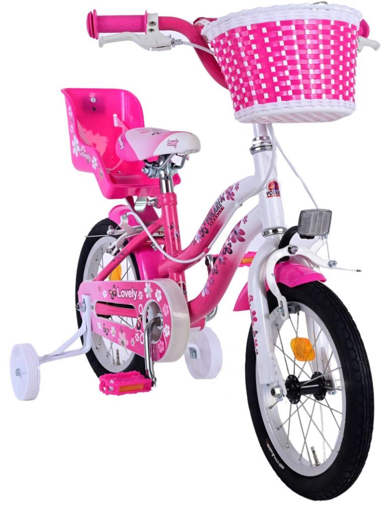 Volare Lovely Kinderfahrrad Mädchen 14 Zoll Pink/Weiß mit Korb und Puppen-Sitz - Sicherheit und Komfort für den Schulweg