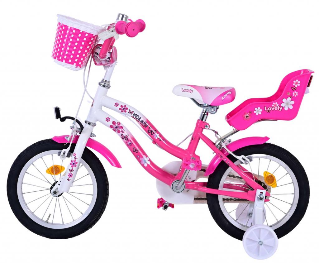 Volare Lovely Kinderfahrrad Mädchen 14 Zoll Pink/Weiß mit Korb und Puppen-Sitz - Sicherheit und Komfort für den Schulweg