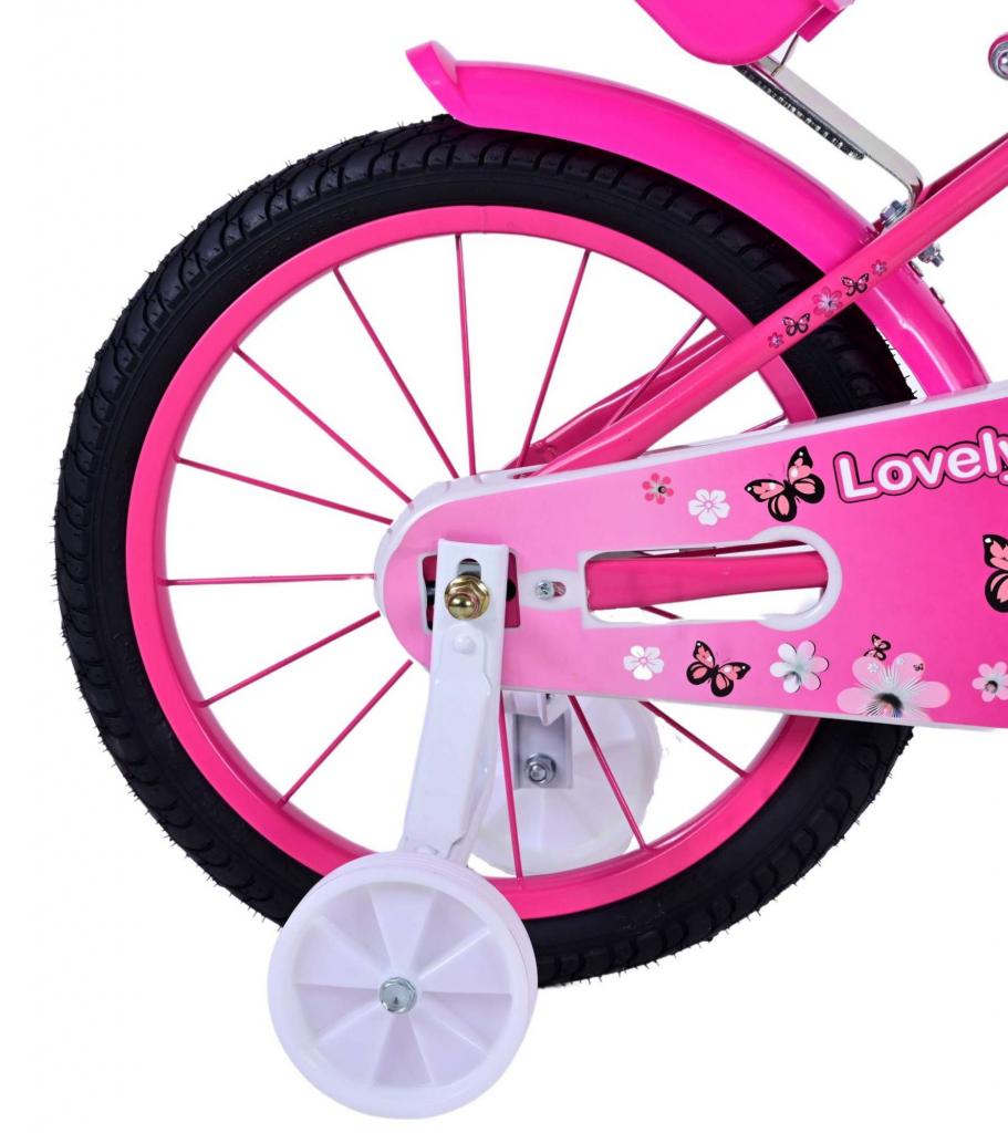 Volare Lovely 16 Zoll Kinderfahrrad Pink/Weiß mit Hand- und Rücktrittbremse, abnehmbaren Stützrädern und praktischem Fahrradkorb
