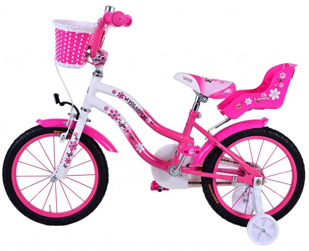 Volare Lovely 16 Zoll Kinderfahrrad Pink/Weiß mit Hand- und Rücktrittbremse, abnehmbaren Stützrädern und praktischem Fahrradkorb