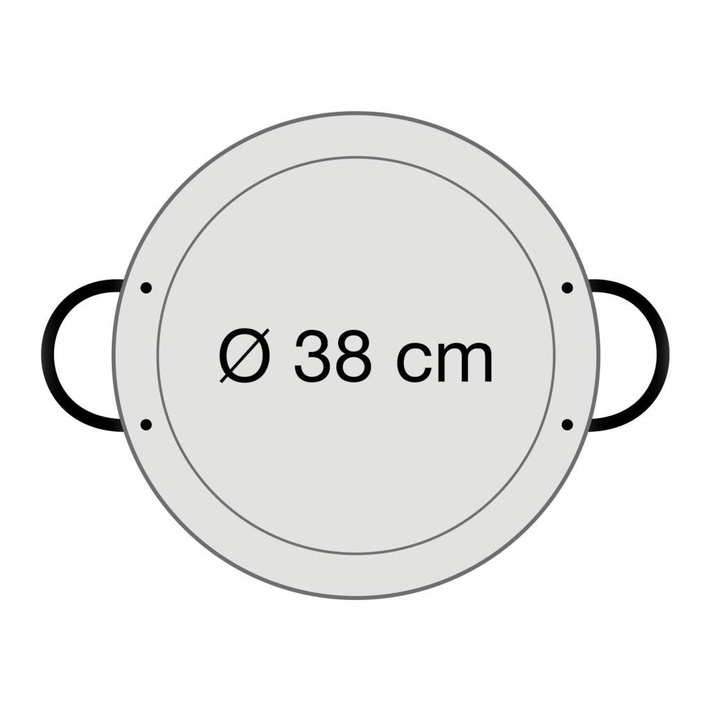 Abmessung der Paella Pfanne: Durchmesser am oberen Rand: 38,0 cm, Durchmesser am Pfannenboden: 33,0 cm, Höhe der Paella Pfanne: 4,7 cm