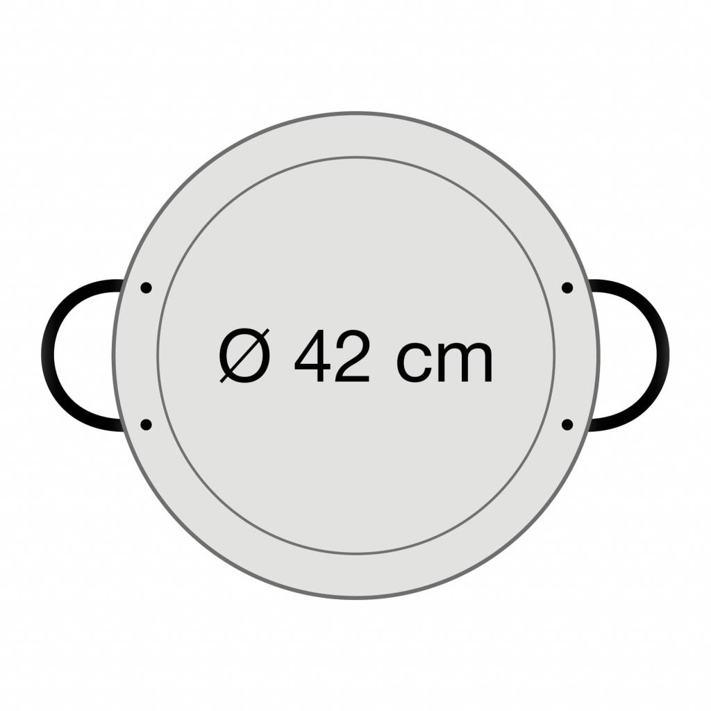 Abmessung der Paella Pfanne: Durchmesser am oberen Rand: 42,0 cm, Durchmesser am Pfannenboden: 36,8 cm, Höhe der Paella Pfanne: 4,5 cm
