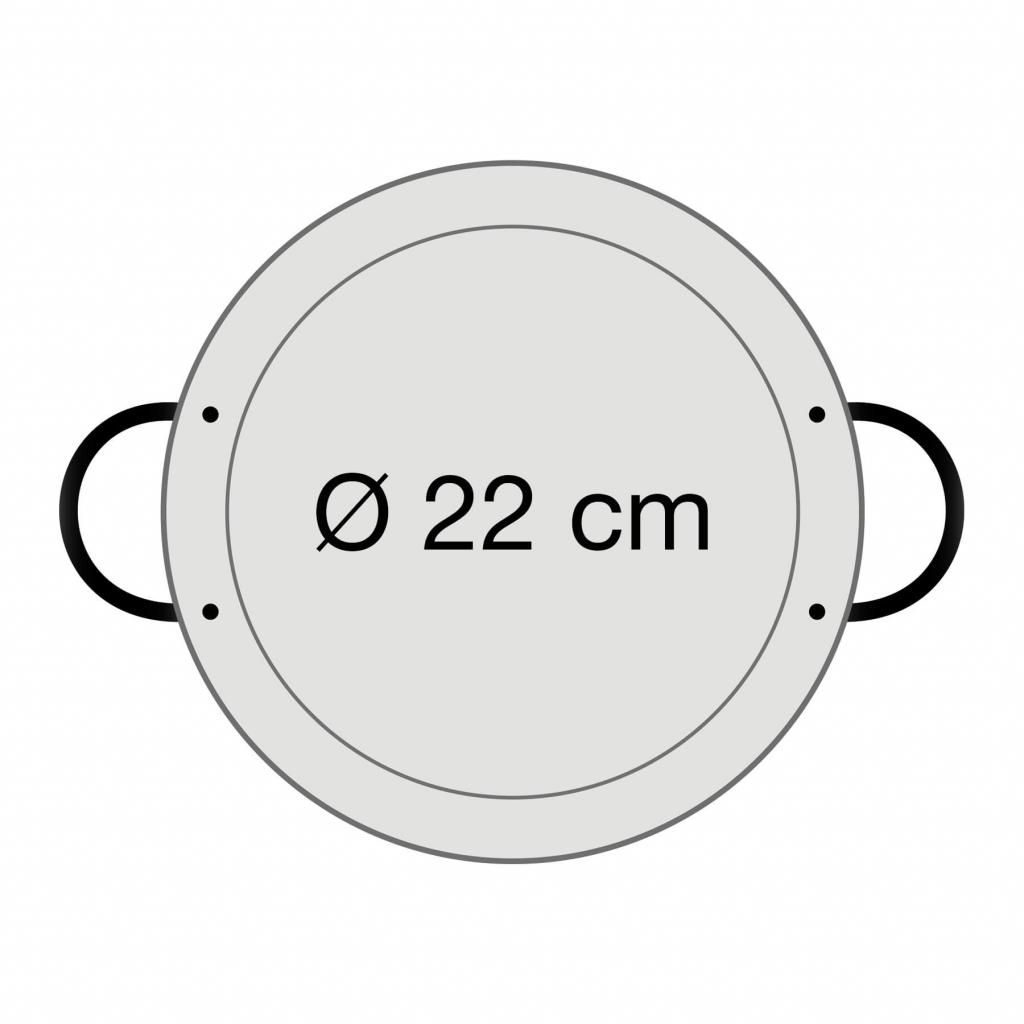 Abmessung der Paella Pfanne: Durchmesser am oberen Rand: 22,0 cm, Durchmesser am Pfannenboden: 18,0 cm, Höhe der Paella Pfanne: 3,2 cm