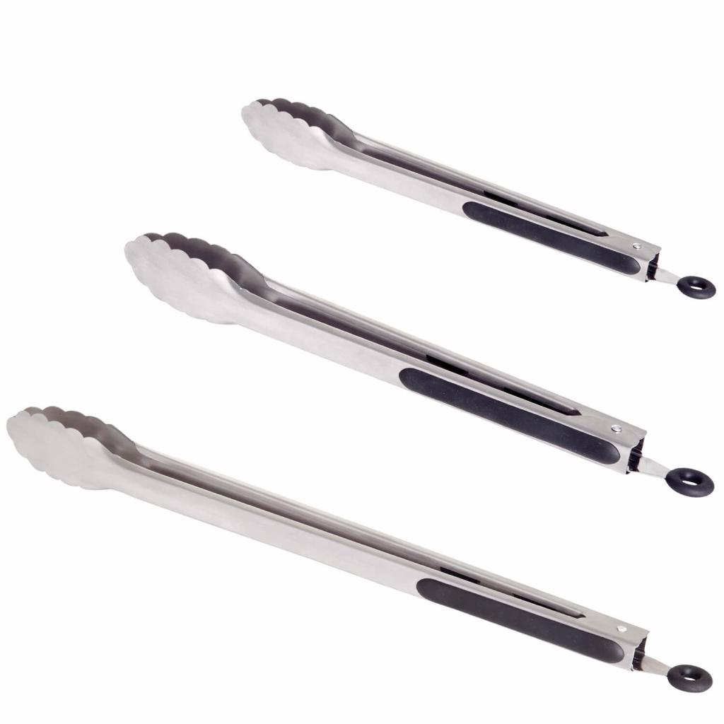 Stainless steel tongs with rubber grip for heat protection